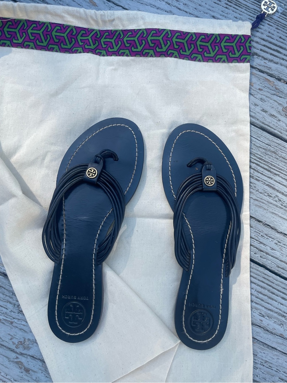Tory Burch Navy Leather Multi-Strap Thong Sandals